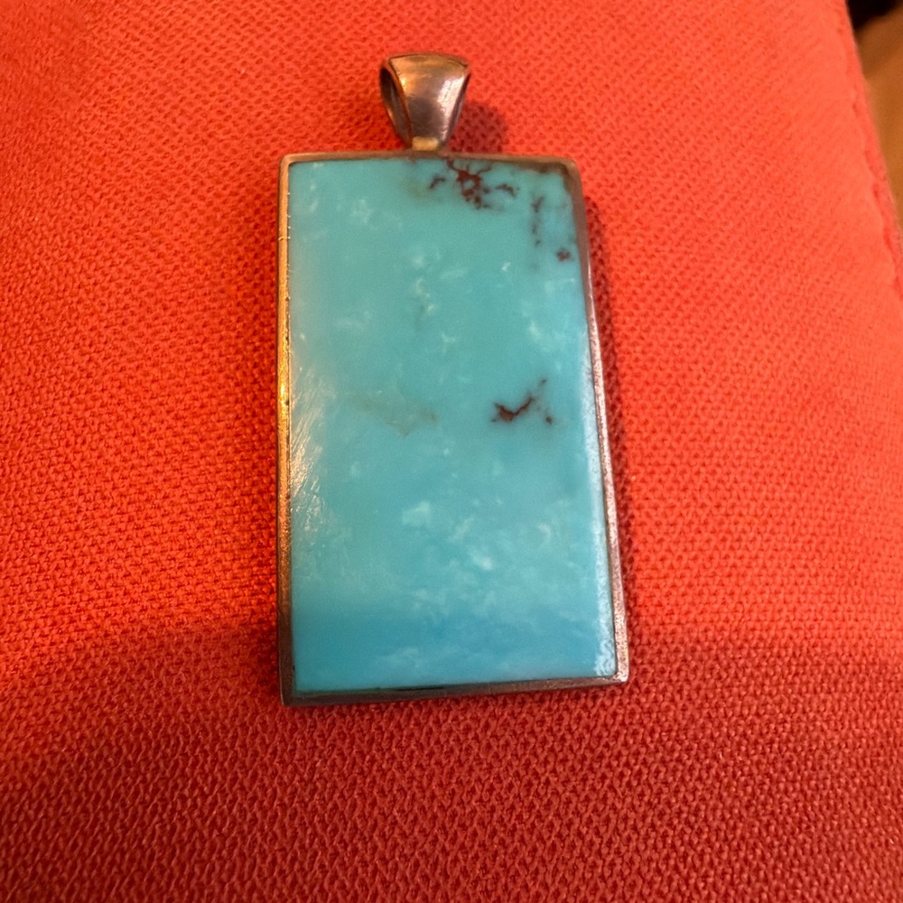 Turquoise Rectangular Silver Pendant - Bright Blue Stone